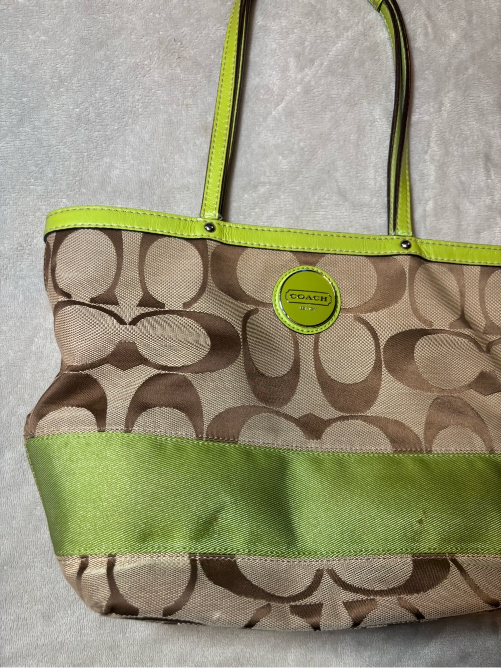 Coach Signature Stripe Brown and Green Tote Shoulder Bag - Picture 3 of 6